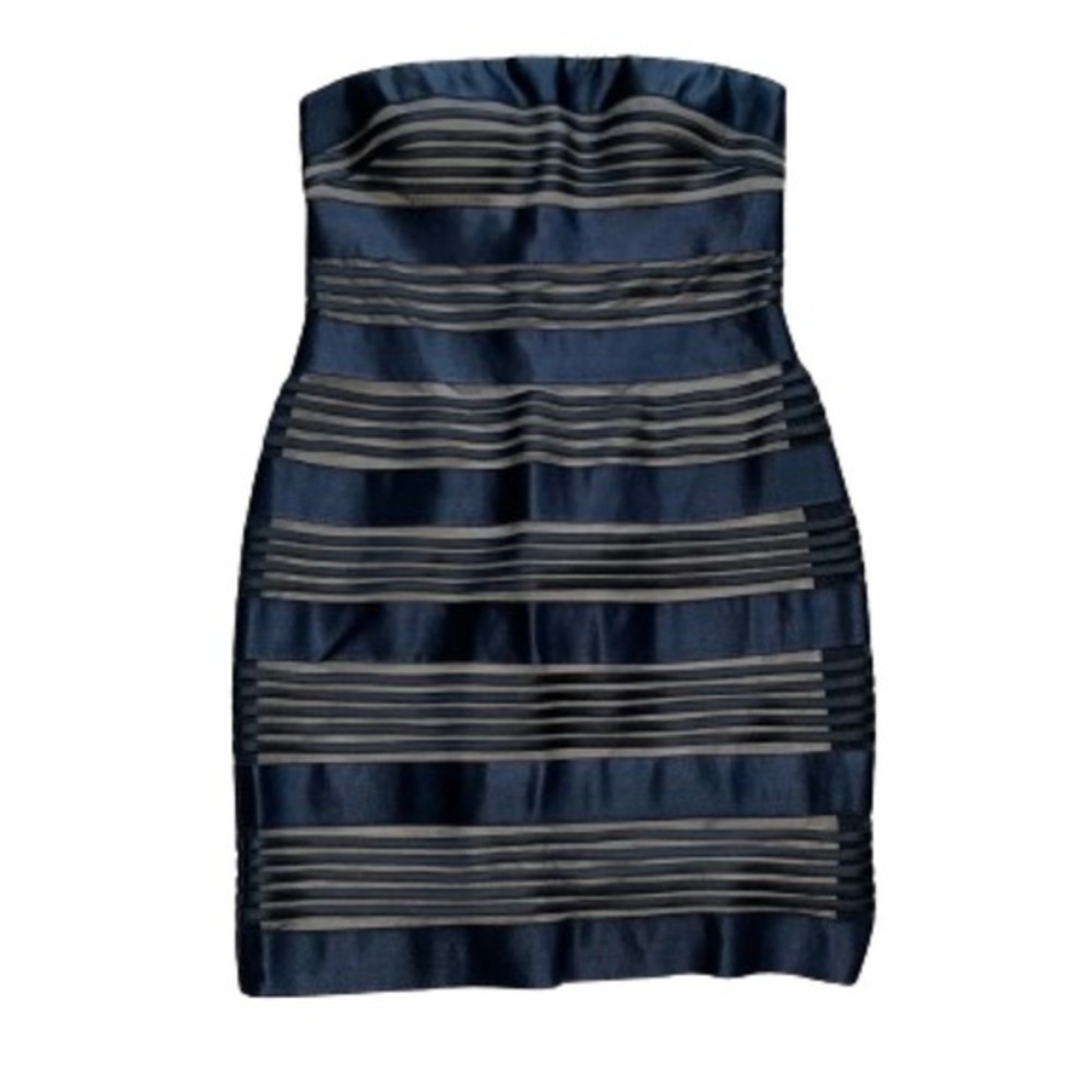 Cache’ black satin striped strapless evening dress NWT size 12